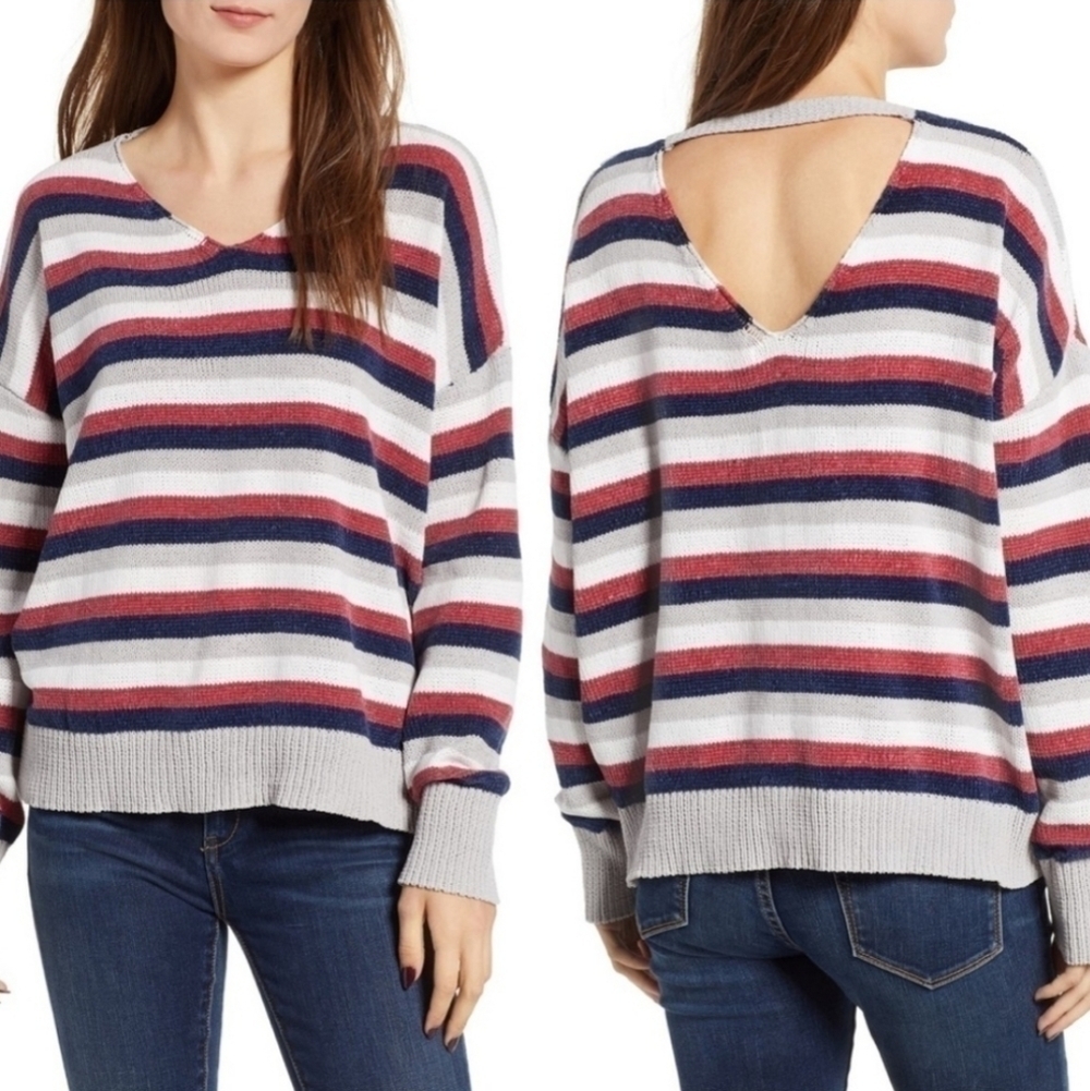 Woven Heart from Nordstom Striped  Double V Neck Soft Oversized Sweater Size XS